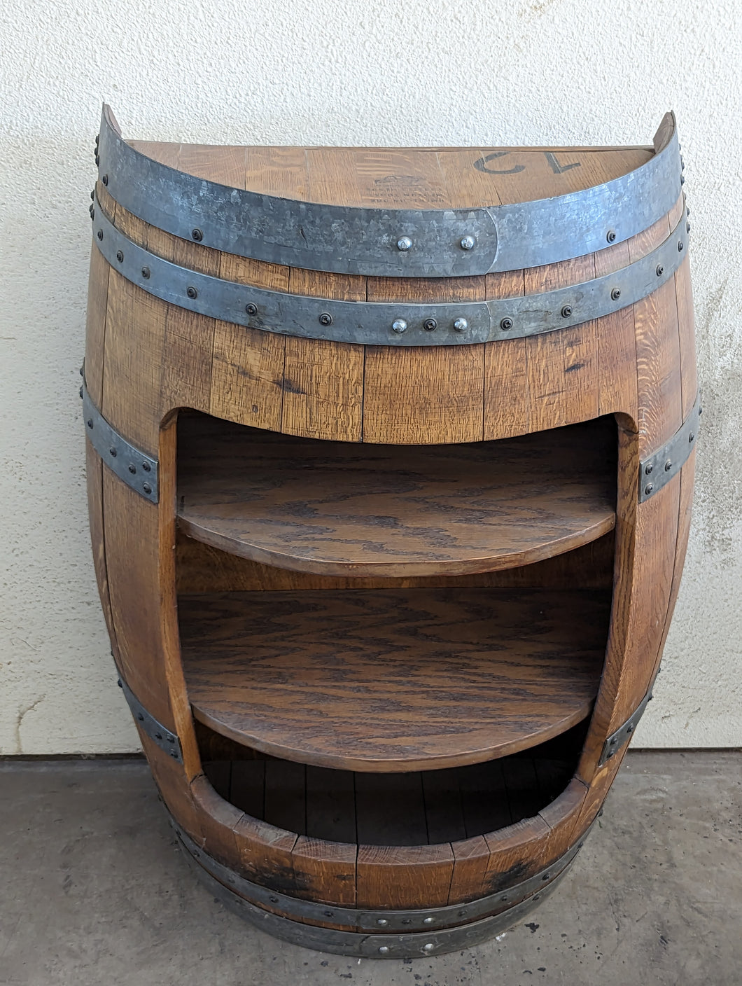 Half Wine Barrel Open Door Showing 2 Shelves