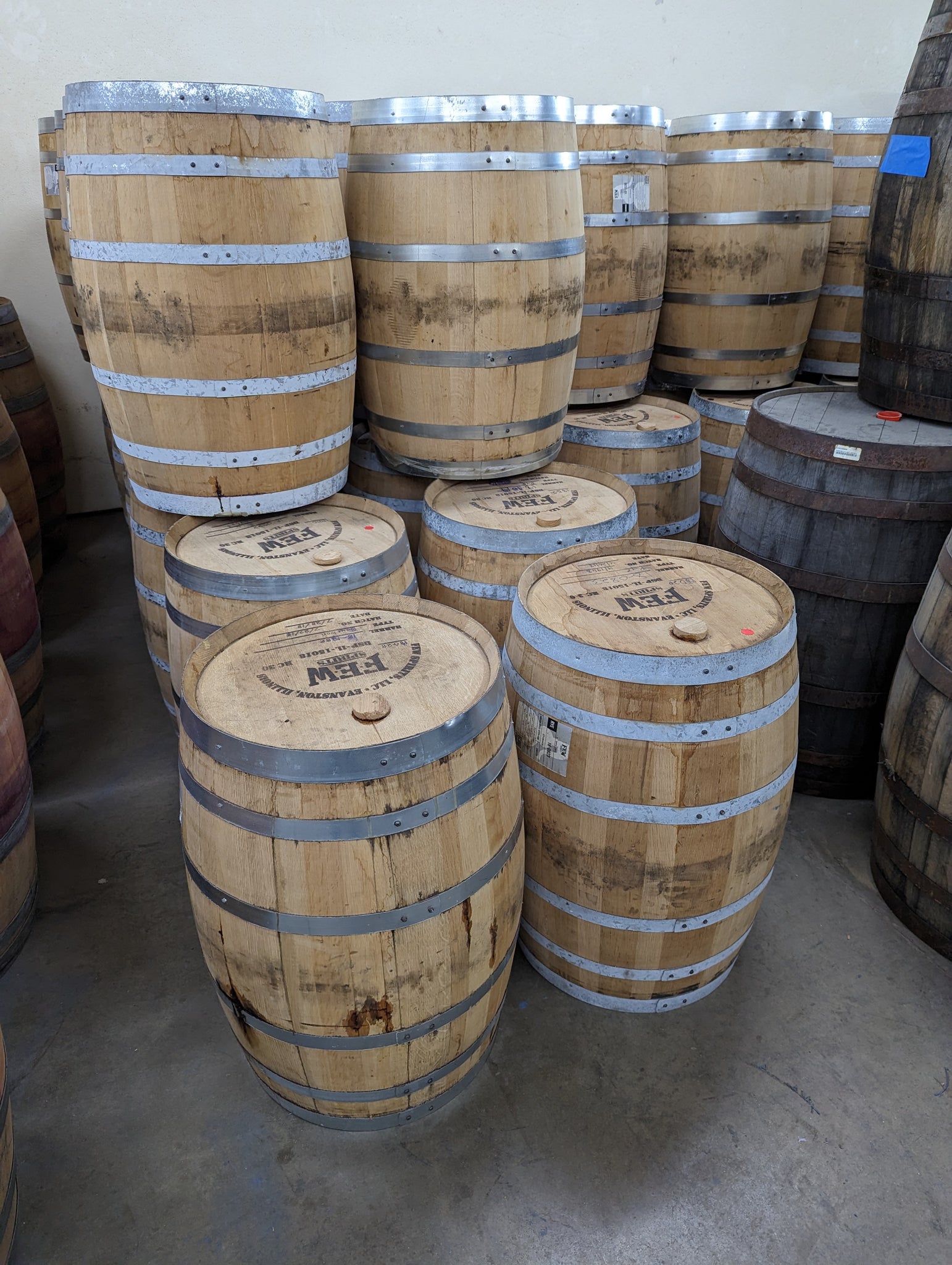 Evan Rye 30 Gallon Whiskey Barrels stacked