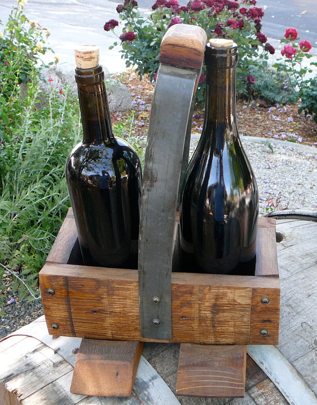 2 bottle carrier made from wine barrel staves