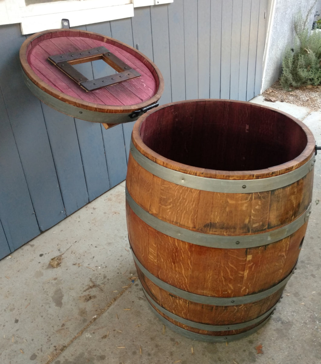 Rustic 59-60 Gallon Wine Barrel Rope Handle Trash Can – Evans Family Barrels